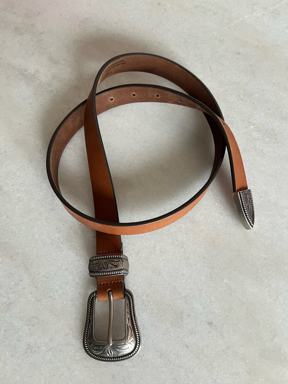 American Eagle Outfitters Tan Leather Belt with Western Silver Buckle